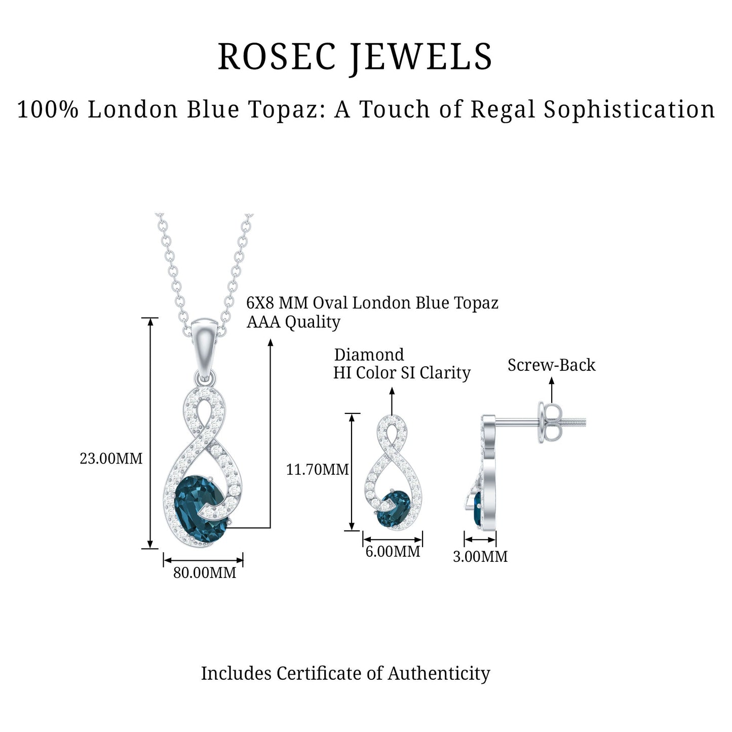 Oval Cut London Blue Topaz Infinity jewelry Set with Diamonds