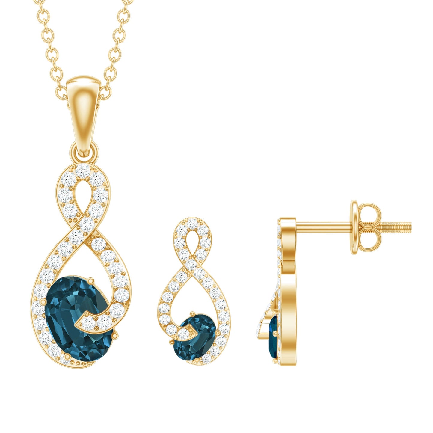Oval Cut London Blue Topaz Infinity jewelry Set with Diamonds