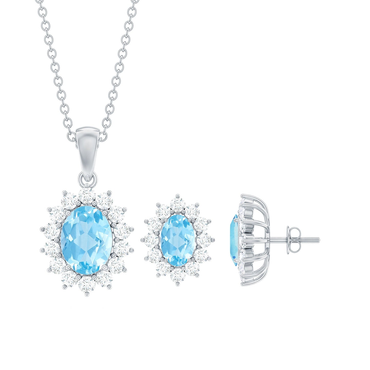 Natural Oval Aquamarine Necklace and Earrings Set with Certificate
