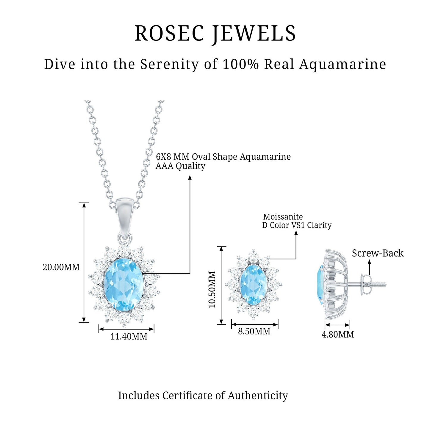 Natural Oval Aquamarine Necklace and Earrings Set with Certificate