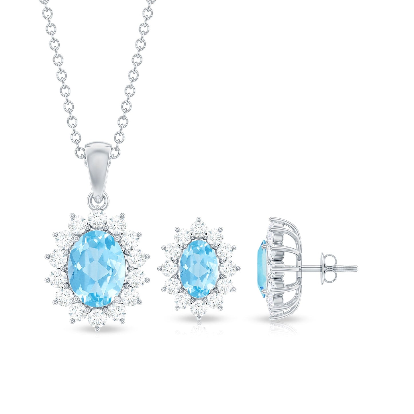 Natural Oval Aquamarine Necklace and Earrings Set with Certificate