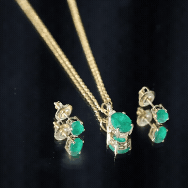 Genuine Emerald Solitaire Pendant and Earrings Set with Lab Grown Diamond