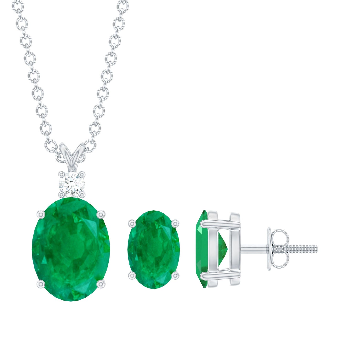 Genuine Emerald Solitaire Pendant and Earrings Set with Lab Grown Diamond