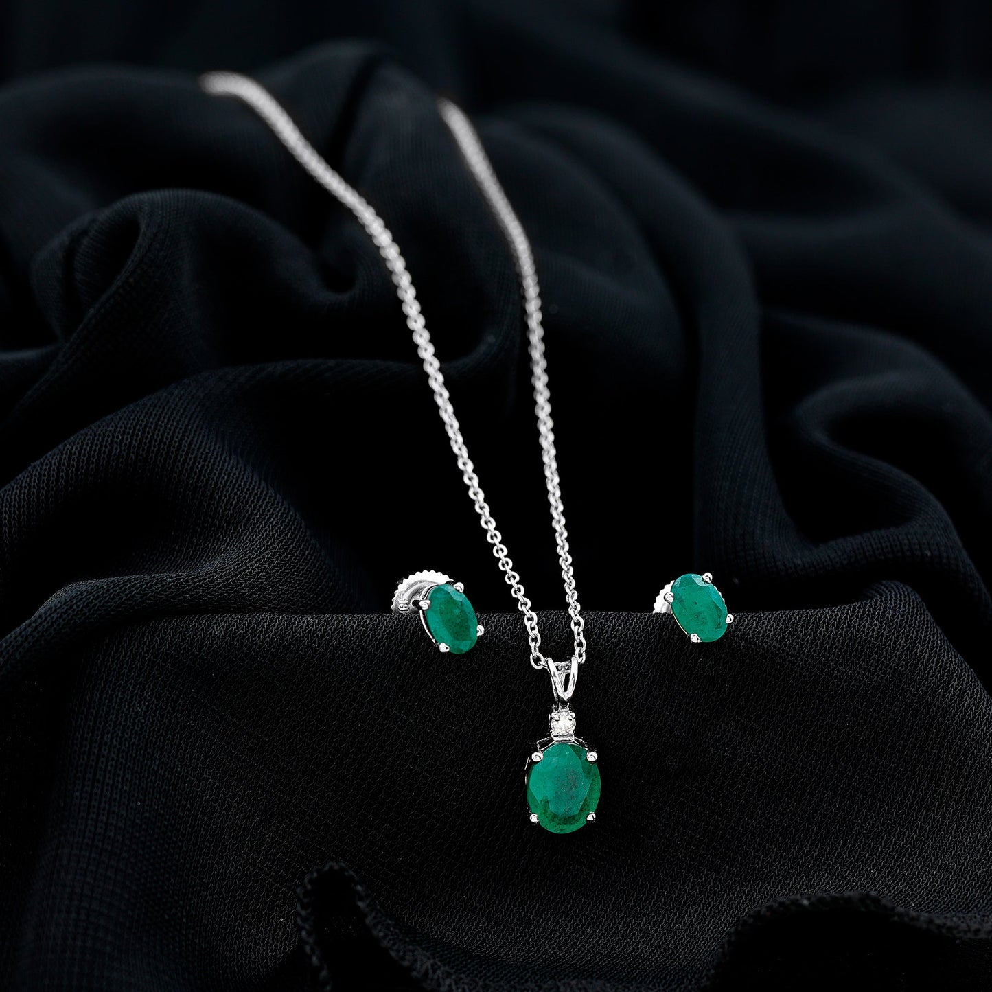Genuine Emerald Solitaire Pendant and Earrings Set with Lab Grown Diamond
