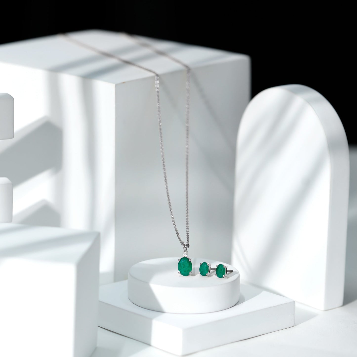 Genuine Emerald Solitaire Pendant and Earrings Set with Lab Grown Diamond