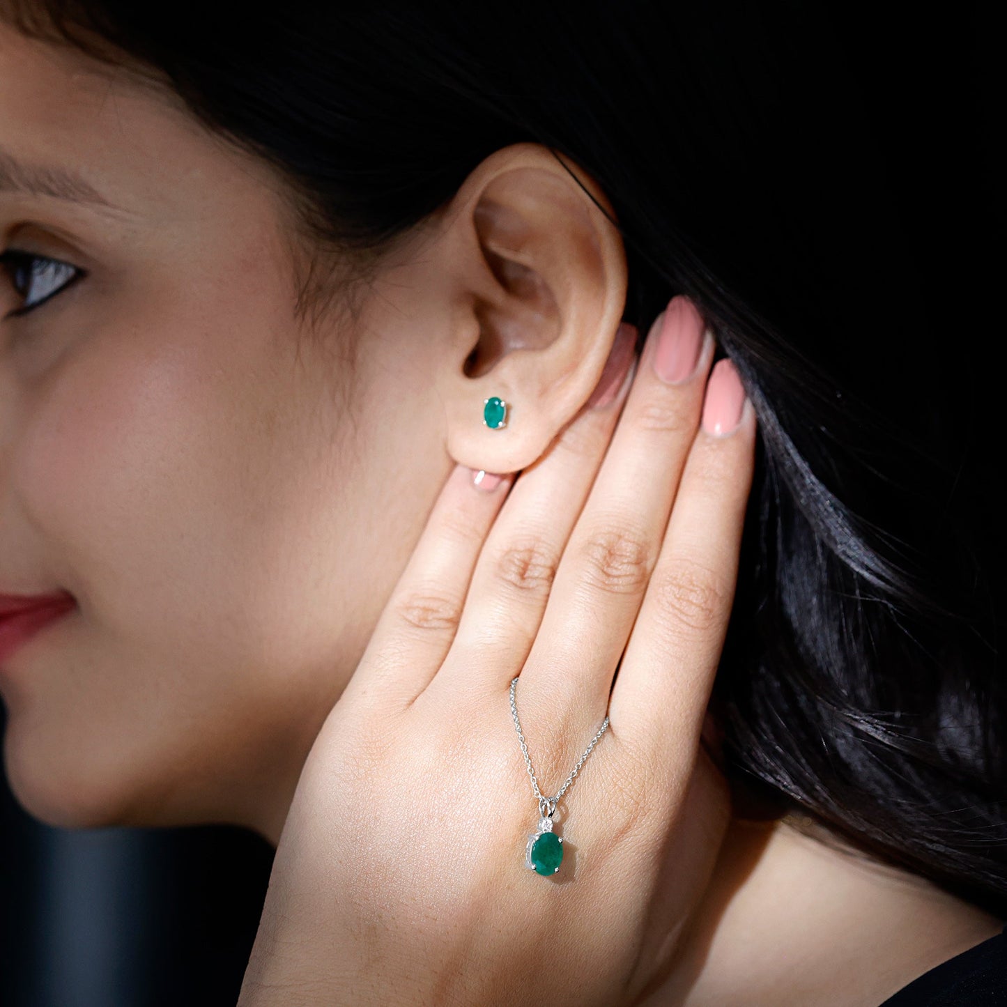 Genuine Emerald Solitaire Pendant and Earrings Set with Lab Grown Diamond