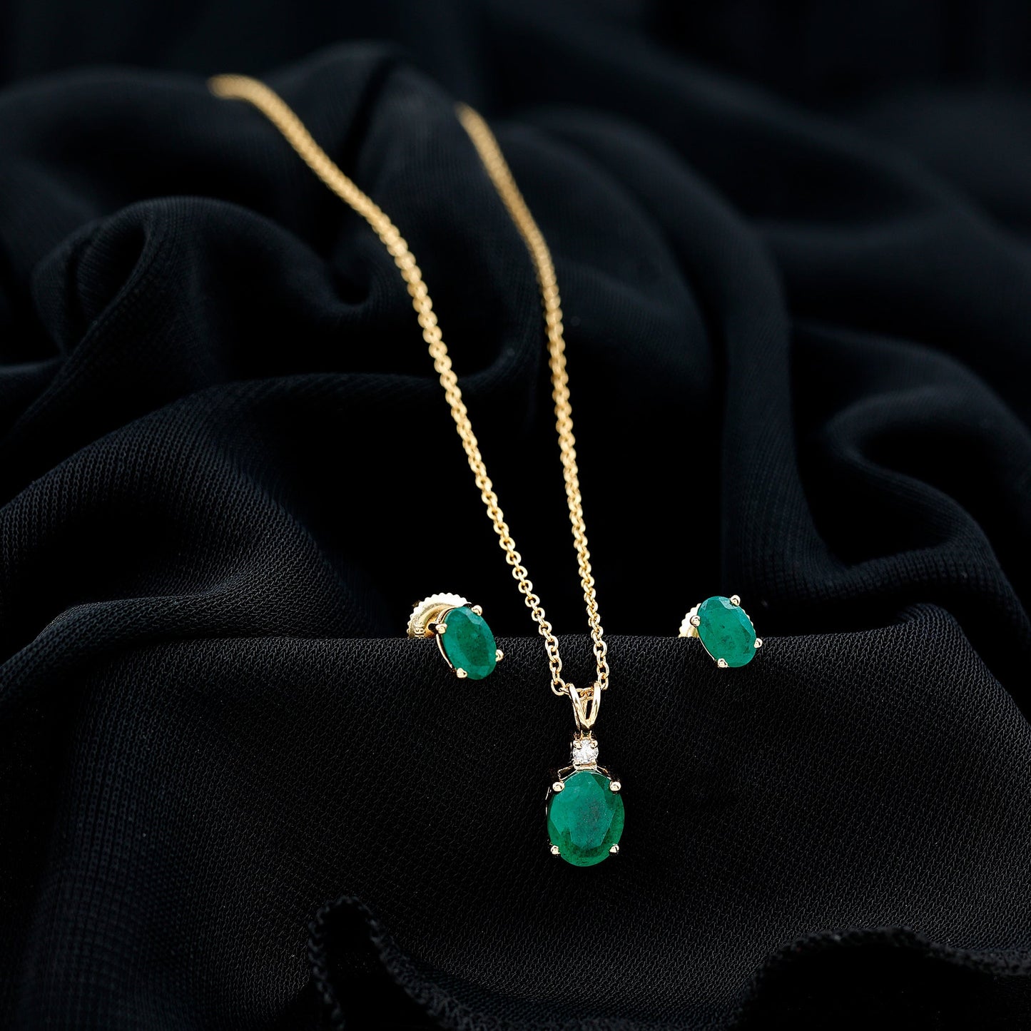 Genuine Emerald Solitaire Pendant and Earrings Set with Lab Grown Diamond
