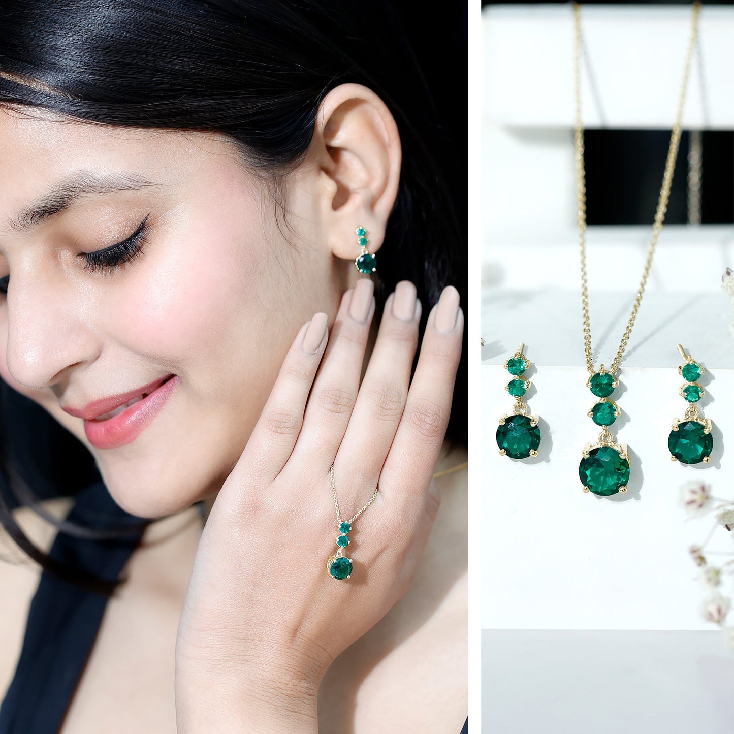 Certified Lab Created Emerald Dangle Necklace Earrings Set