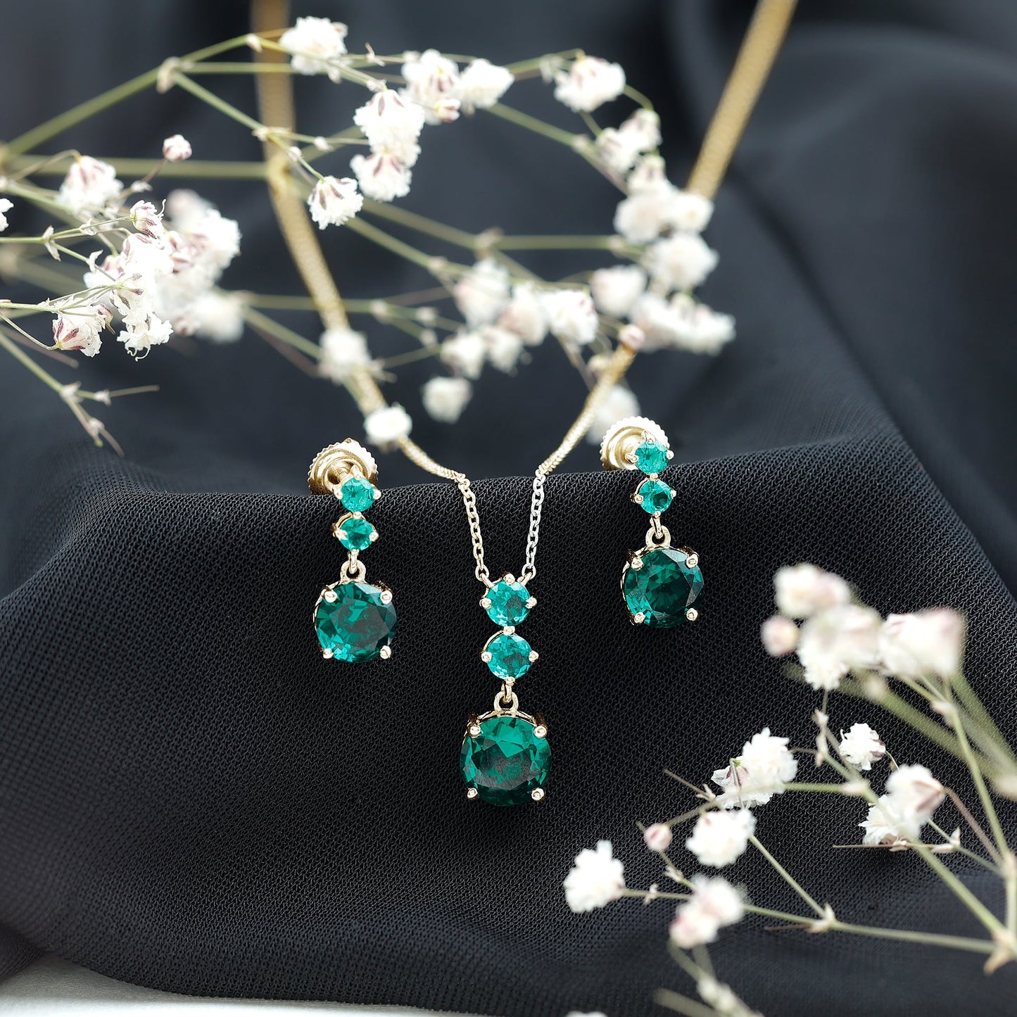 Certified Lab Created Emerald Dangle Necklace Earrings Set