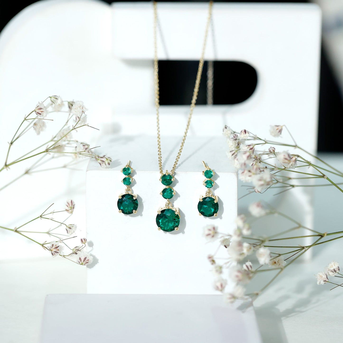 Certified Lab Created Emerald Dangle Necklace Earrings Set