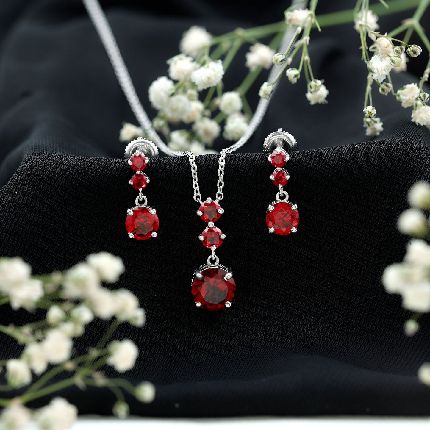 Lab Created Ruby Three Stone Dangle Jewelry Set