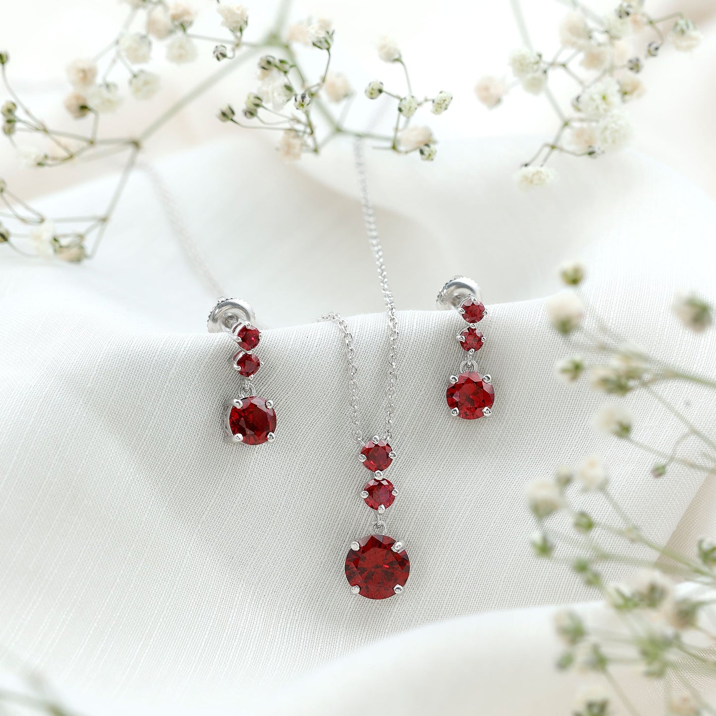 Lab Created Ruby Three Stone Dangle Jewelry Set