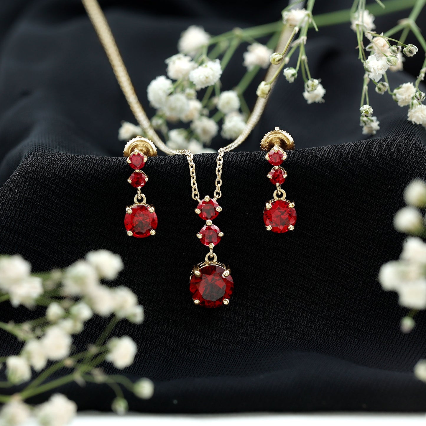 Lab Created Ruby Three Stone Dangle Jewelry Set