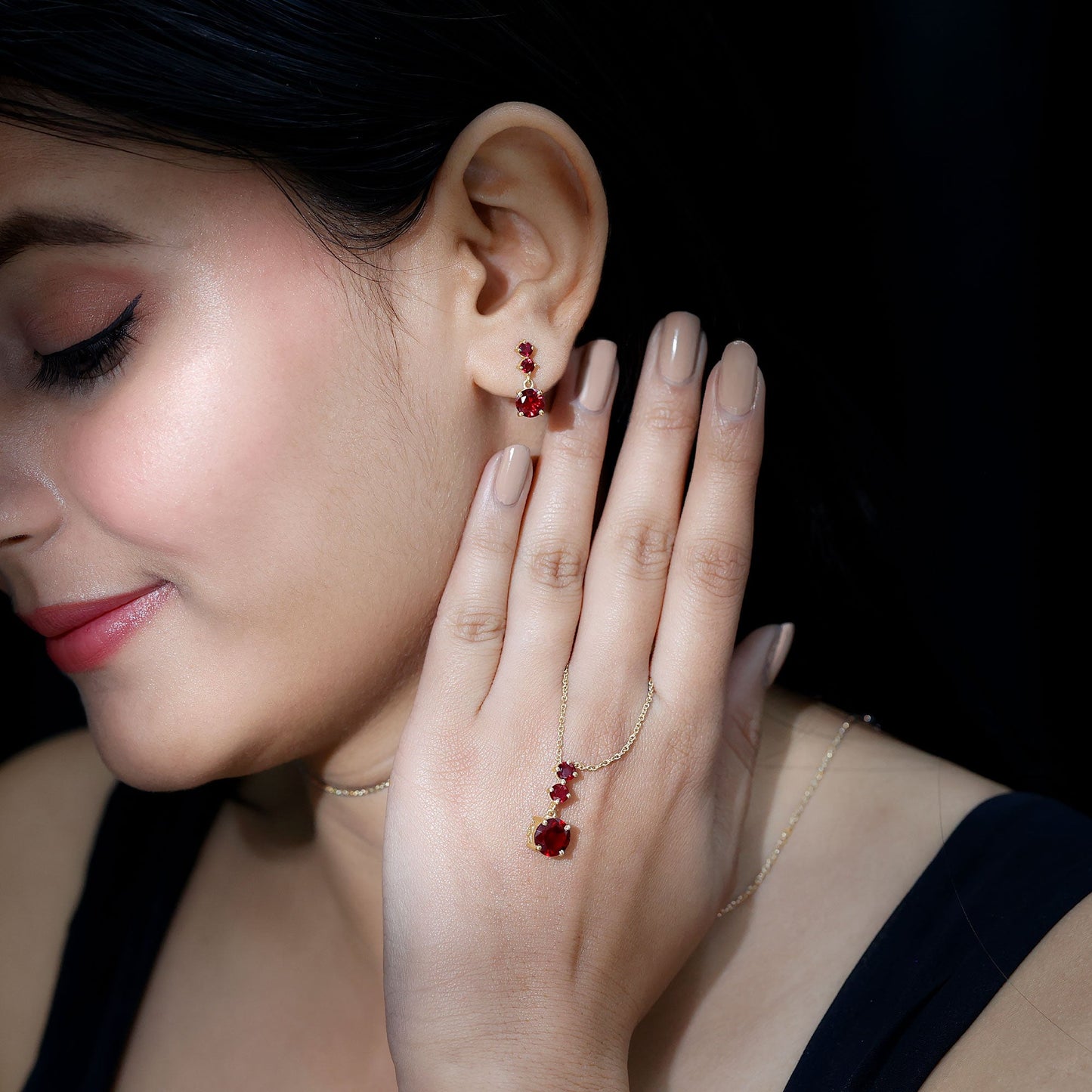 Lab Created Ruby Three Stone Dangle Jewelry Set
