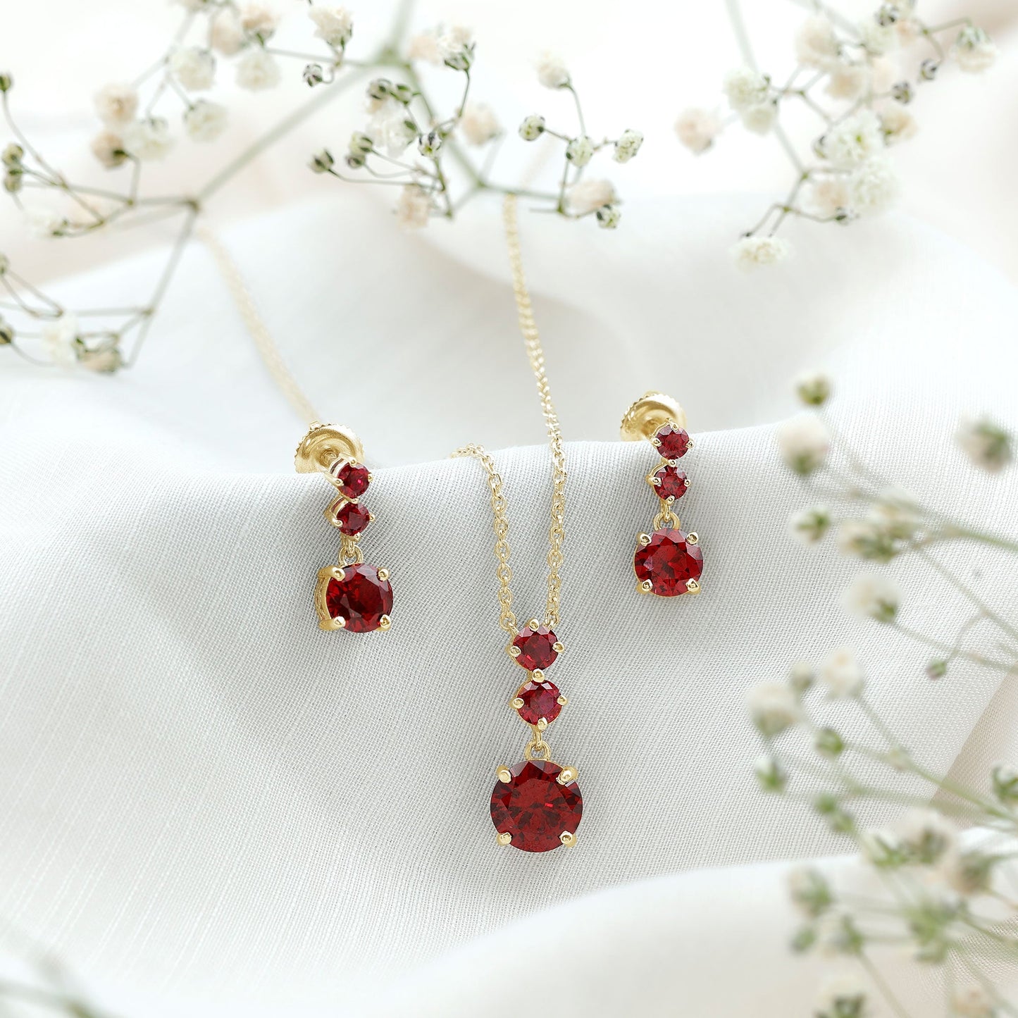 Lab Created Ruby Three Stone Dangle Jewelry Set