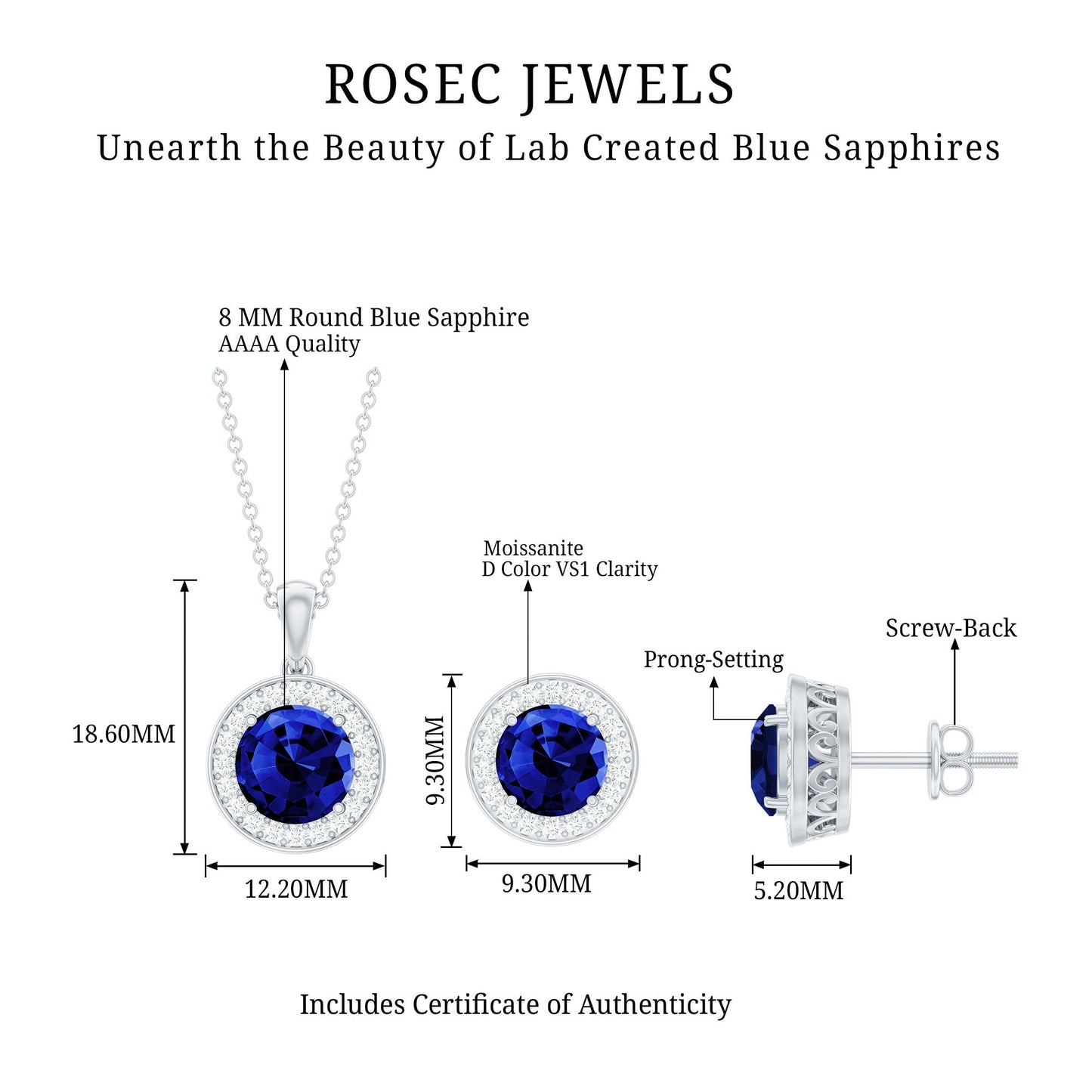 Classic Lab Grown Blue Sapphire and Diamond Halo Bridal Jewelry Set