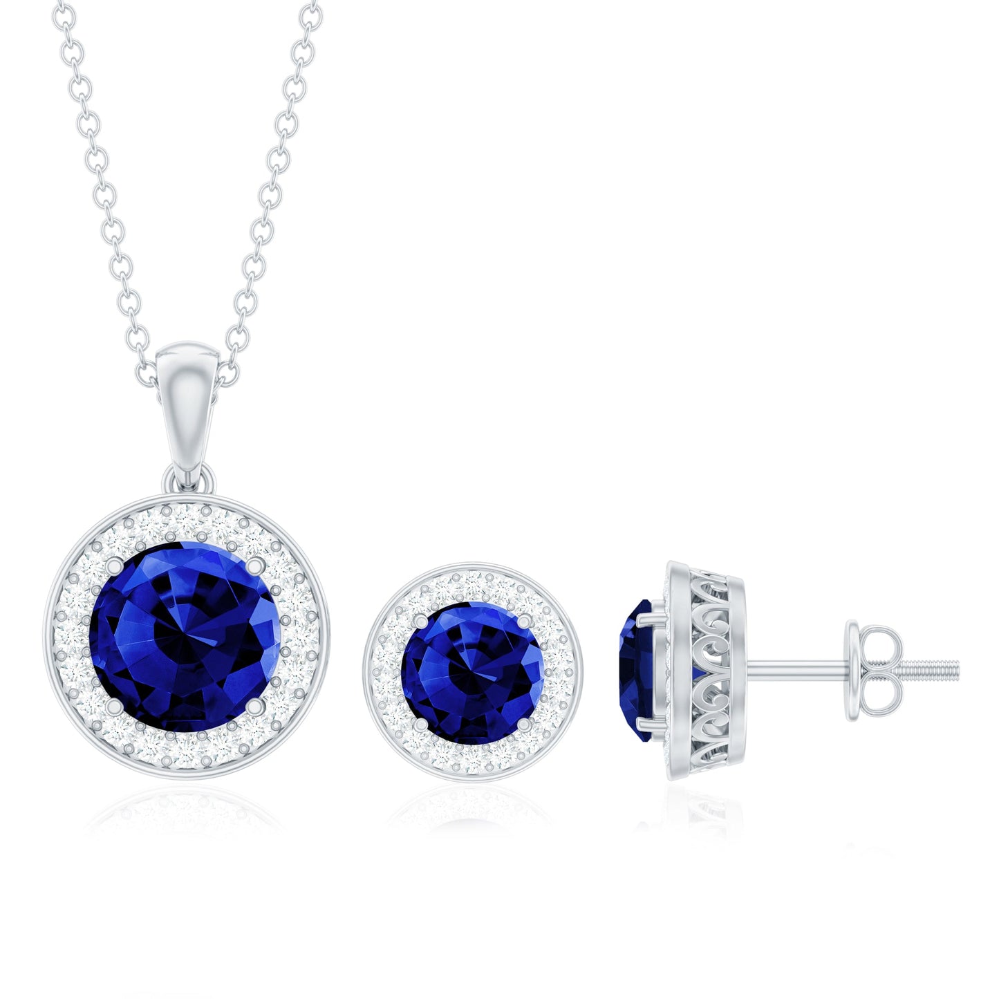 Classic Lab Grown Blue Sapphire and Diamond Halo Bridal Jewelry Set