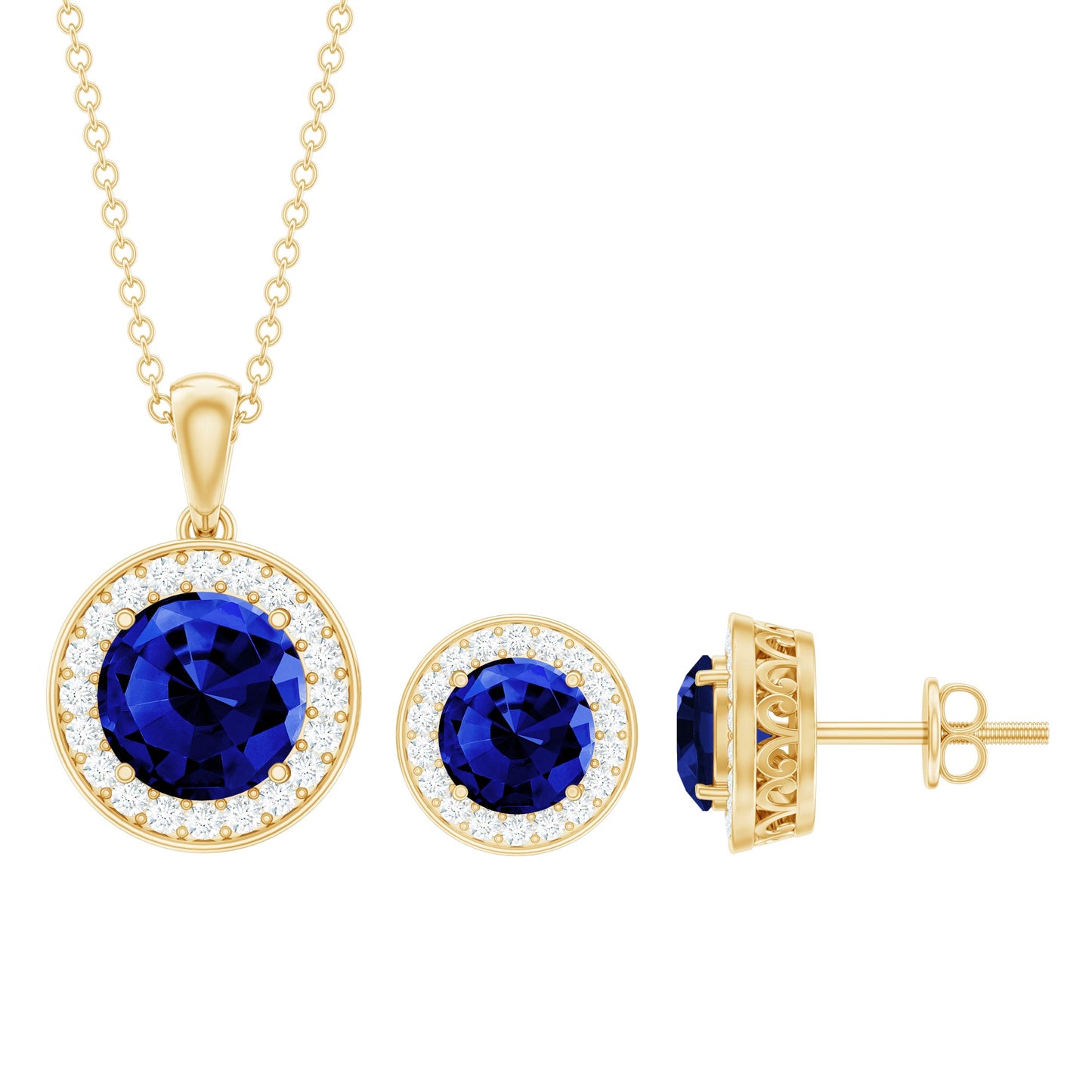 Classic Lab Grown Blue Sapphire and Diamond Halo Bridal Jewelry Set