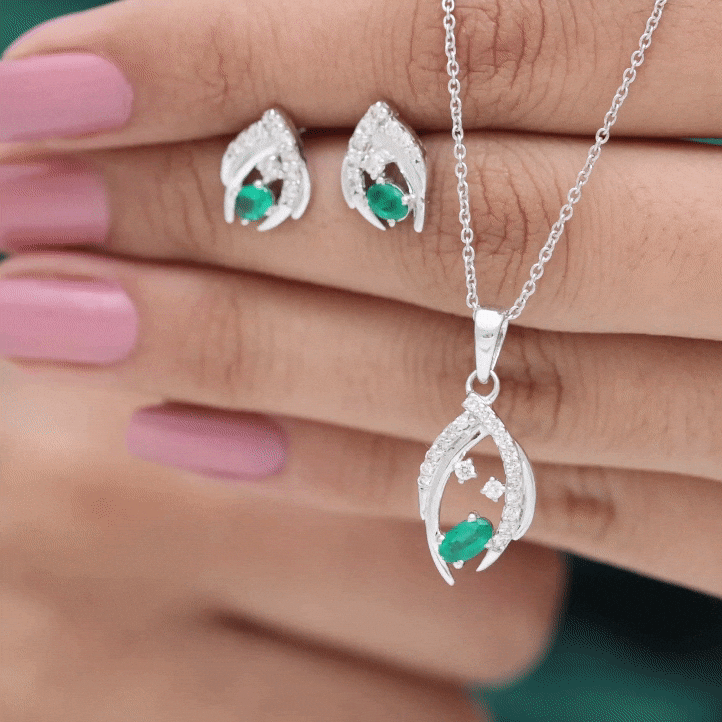 Minimalist Emerald and Diamond Necklace and Earrings Set