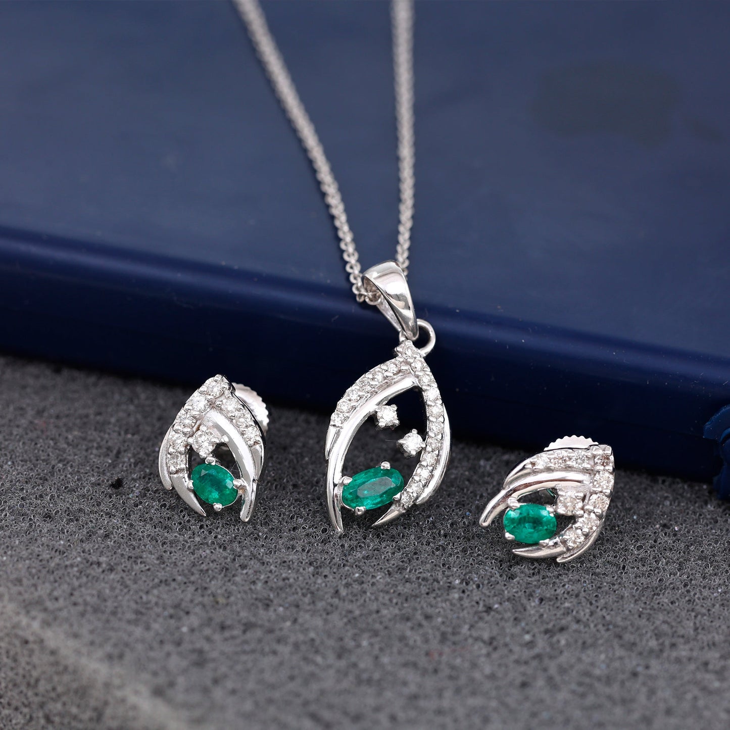 Minimalist Emerald and Diamond Necklace and Earrings Set