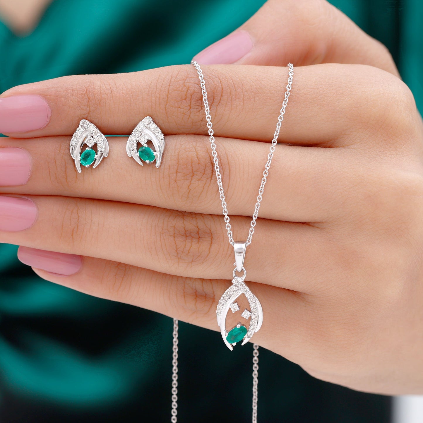 Minimalist Emerald and Diamond Necklace and Earrings Set