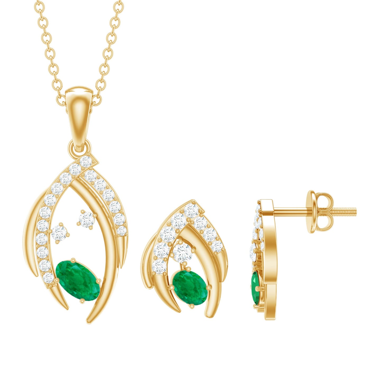 Minimalist Emerald and Diamond Necklace and Earrings Set