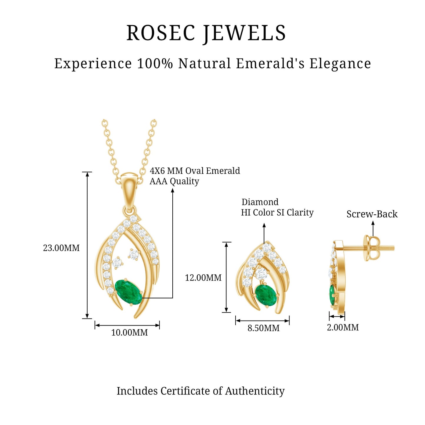 Minimalist Emerald and Diamond Necklace and Earrings Set