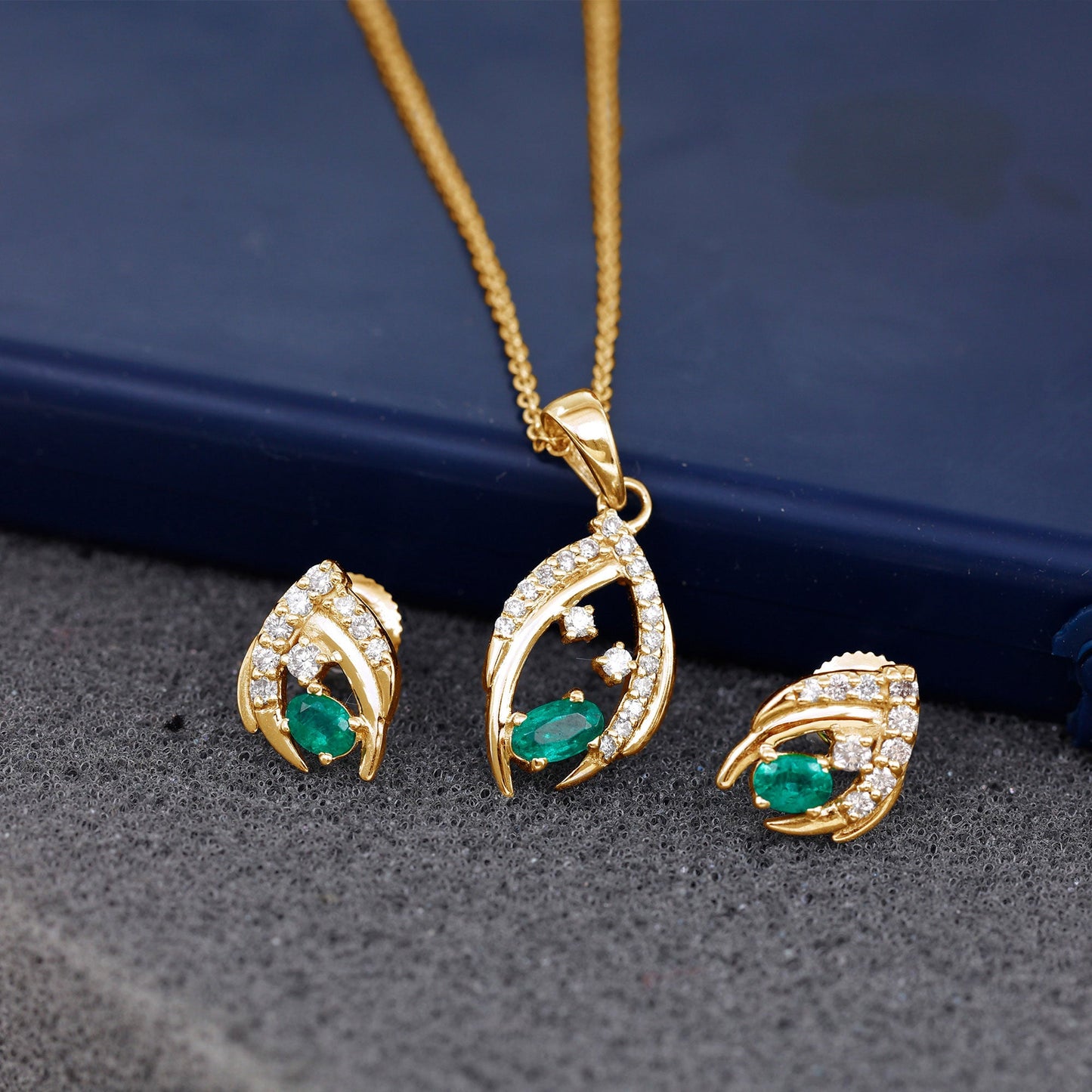 Minimalist Emerald and Diamond Necklace and Earrings Set