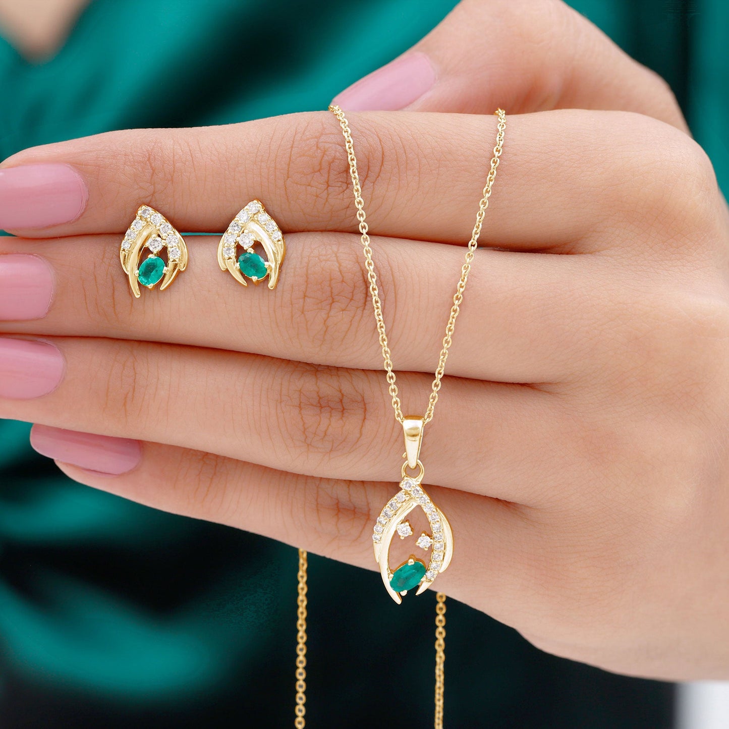 Minimalist Emerald and Diamond Necklace and Earrings Set
