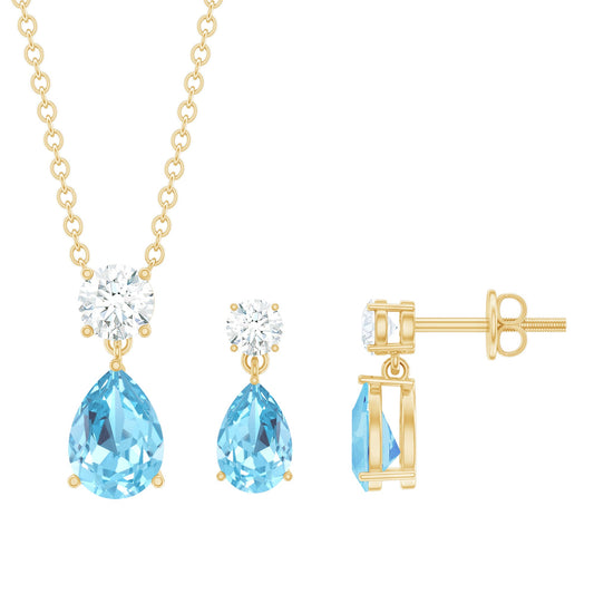 Real Pear Cut Aquamarine Teardrop Jewelry Set with Diamond