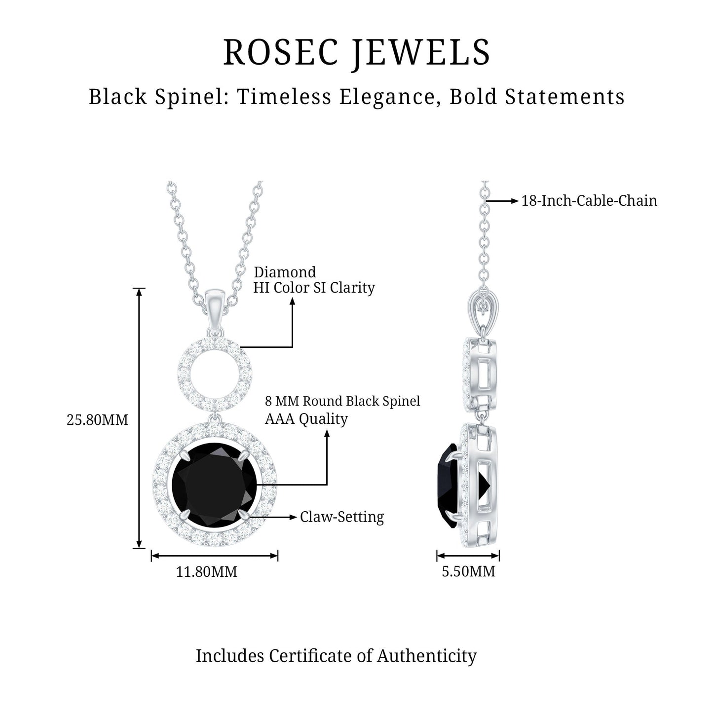 Real 2.6 Carat Black Spinel Drop Pendant Necklace with Diamond