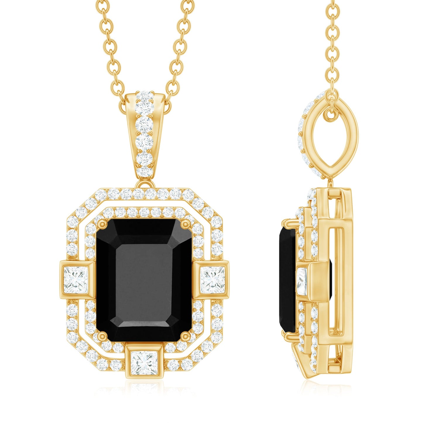 Black Spinel Vintage Inspired Pendant Necklace With Diamond Accent