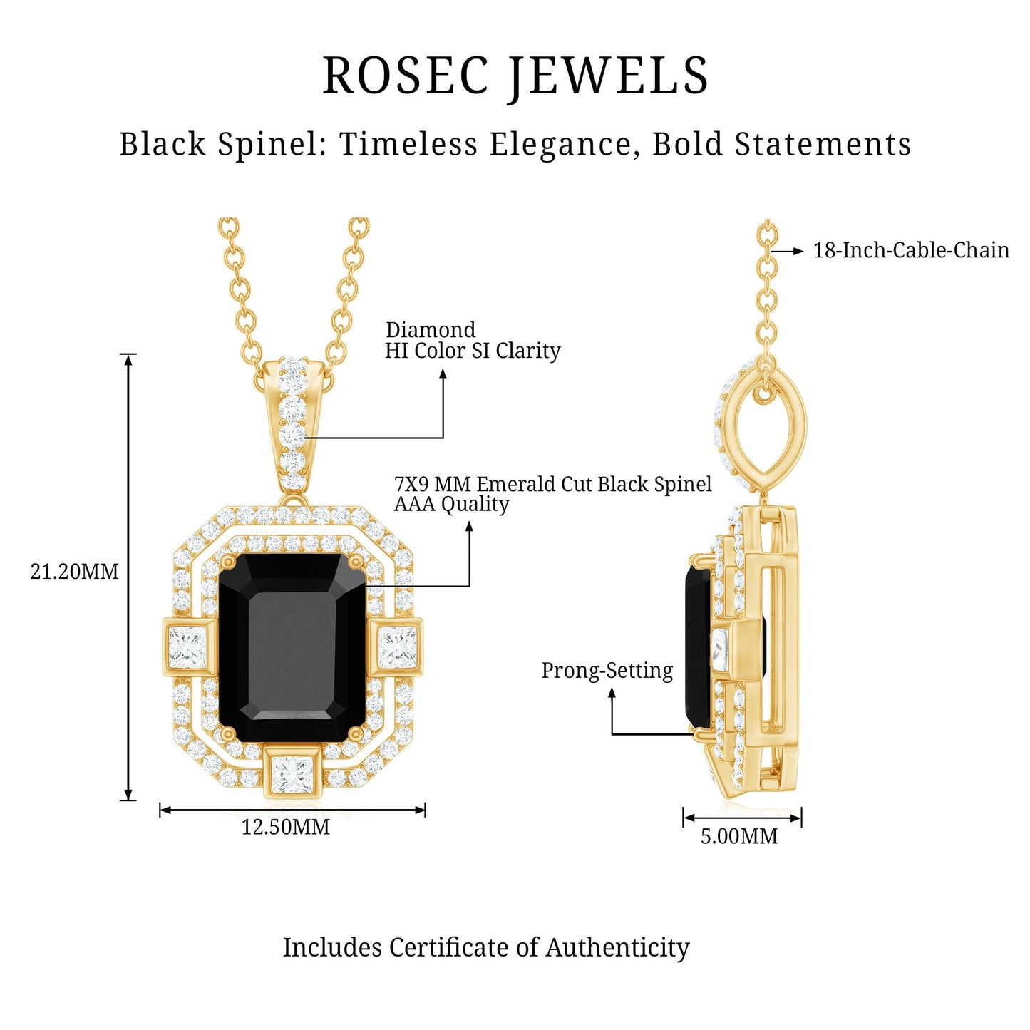 Black Spinel Vintage Inspired Pendant Necklace With Diamond Accent