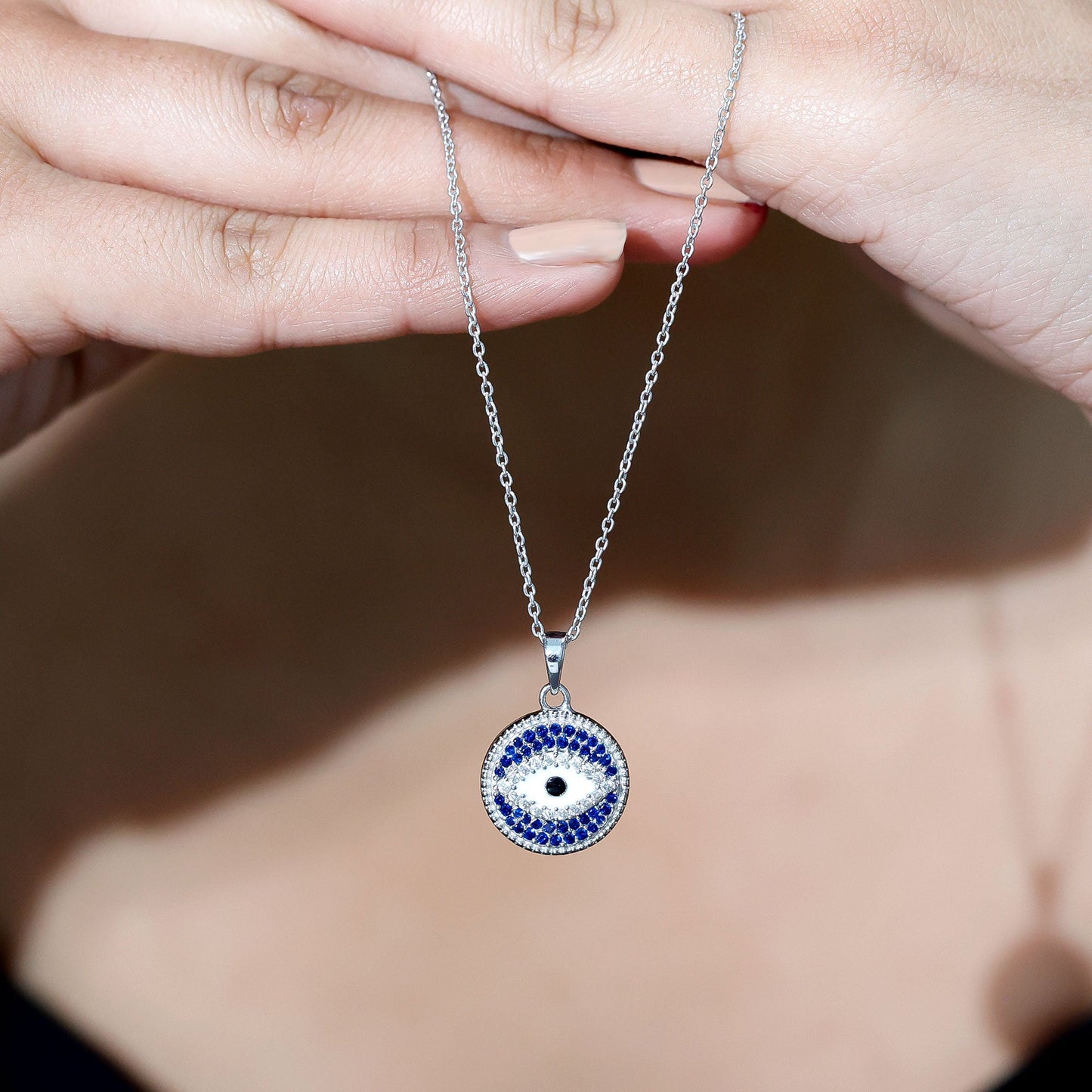 Evil Eye Necklace with Lab Grown Blue Sapphire and Moissanite