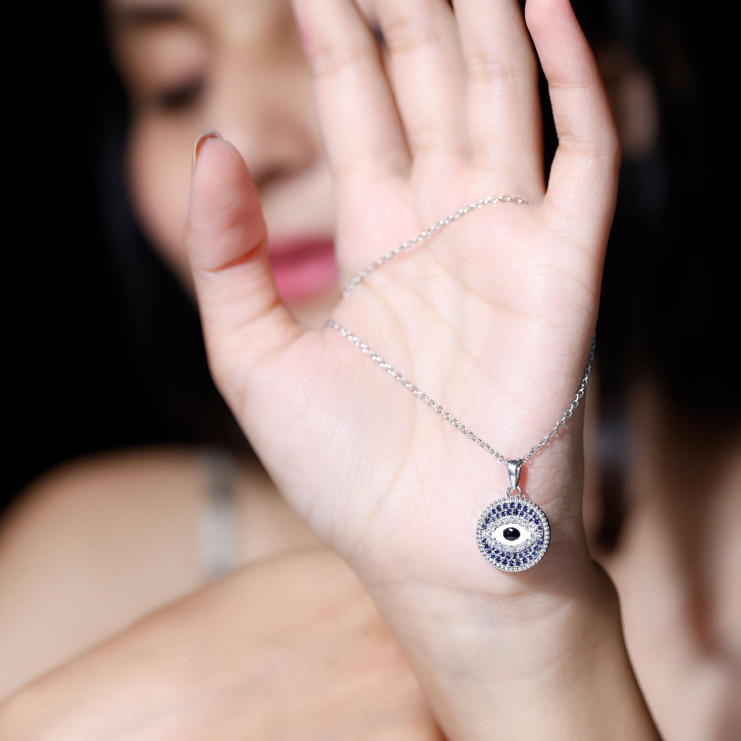Evil Eye Necklace with Lab Grown Blue Sapphire and Moissanite