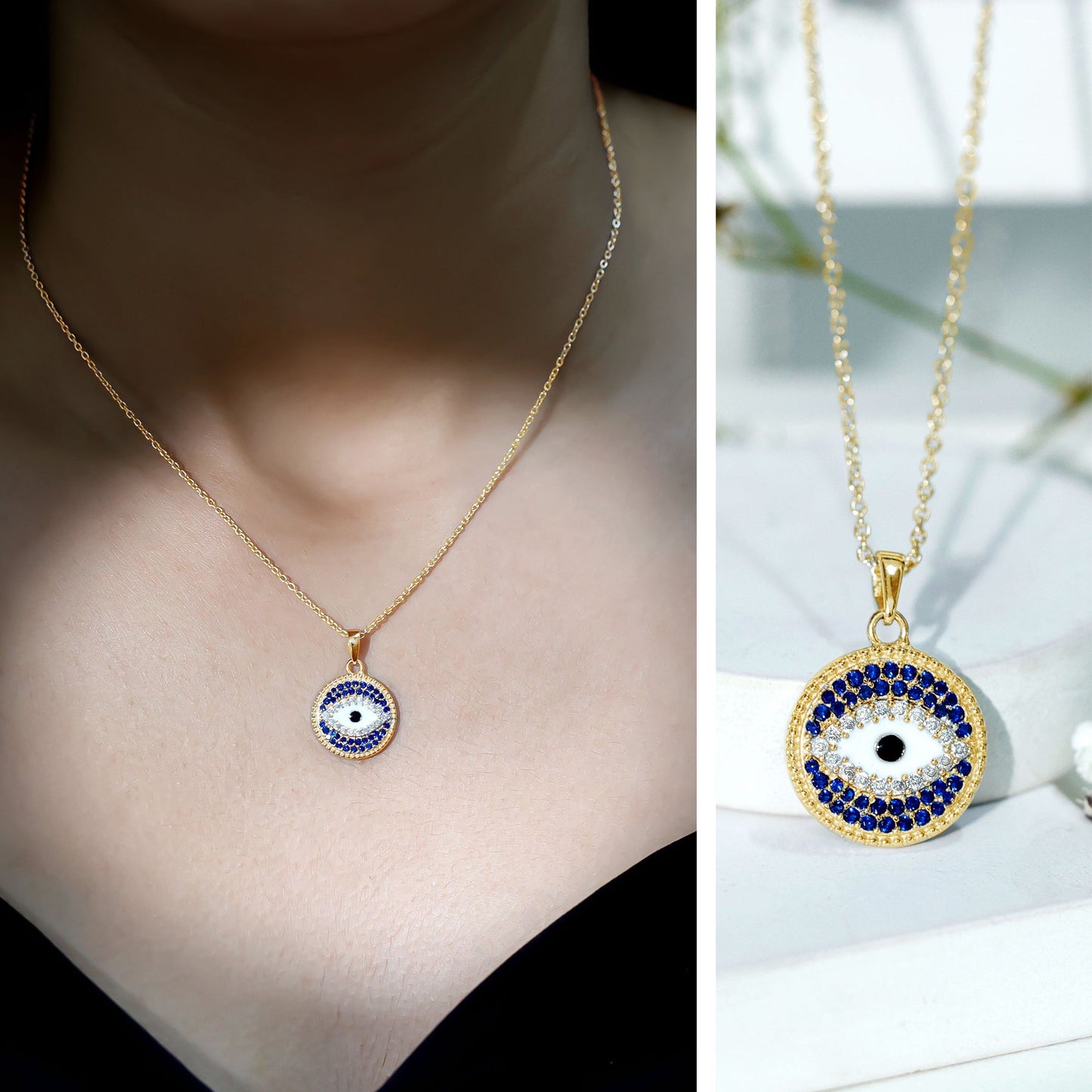 Evil Eye Necklace with Lab Grown Blue Sapphire and Moissanite