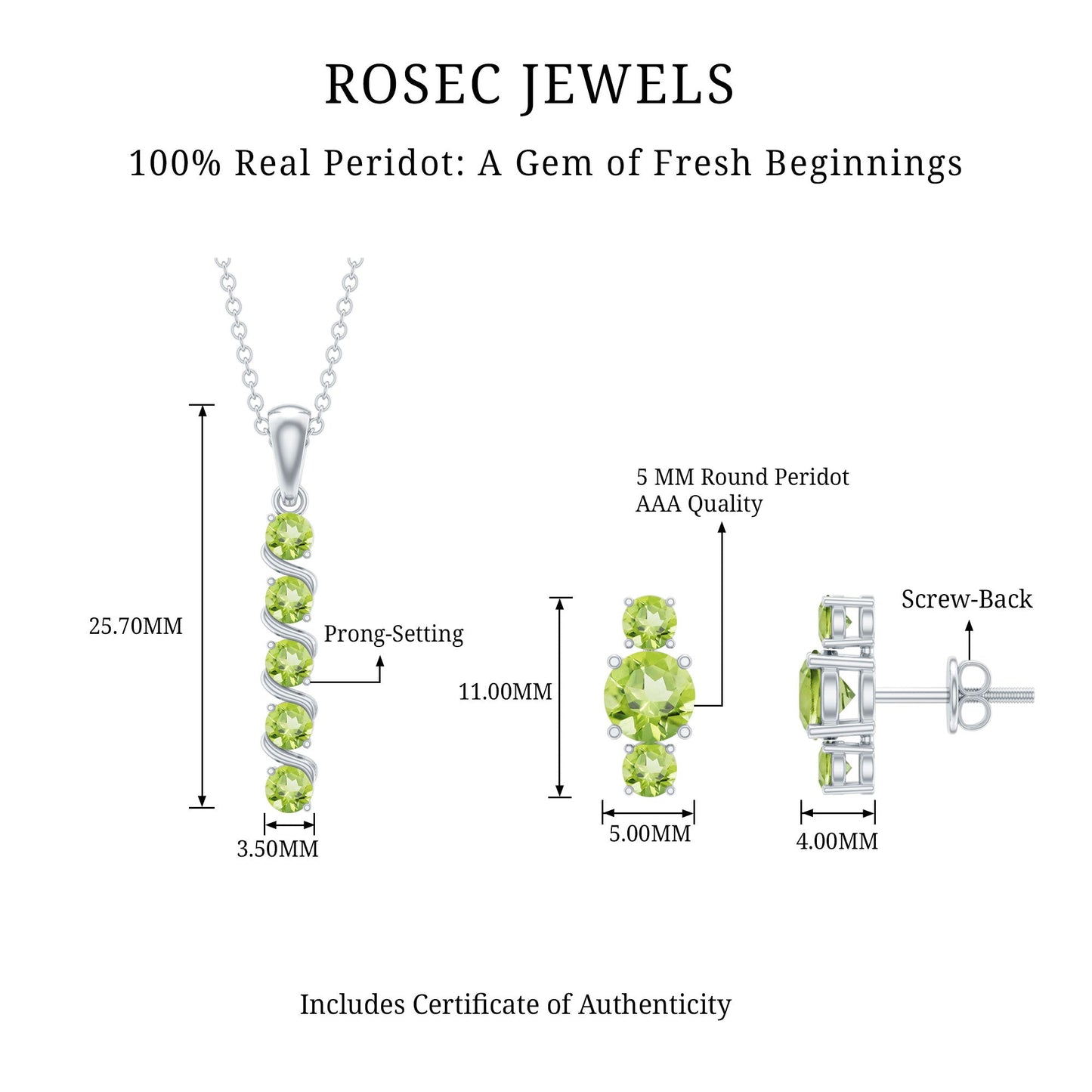 Round Cut Natural Peridot Bar Necklace and Earrings Set