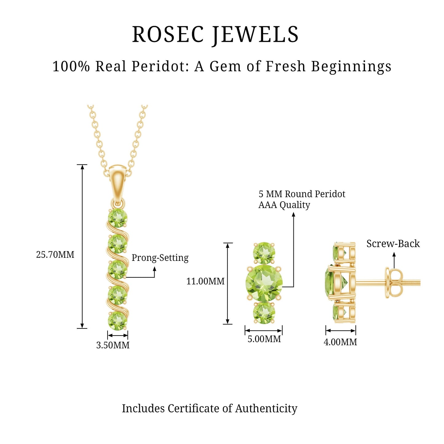 Round Cut Natural Peridot Bar Necklace and Earrings Set
