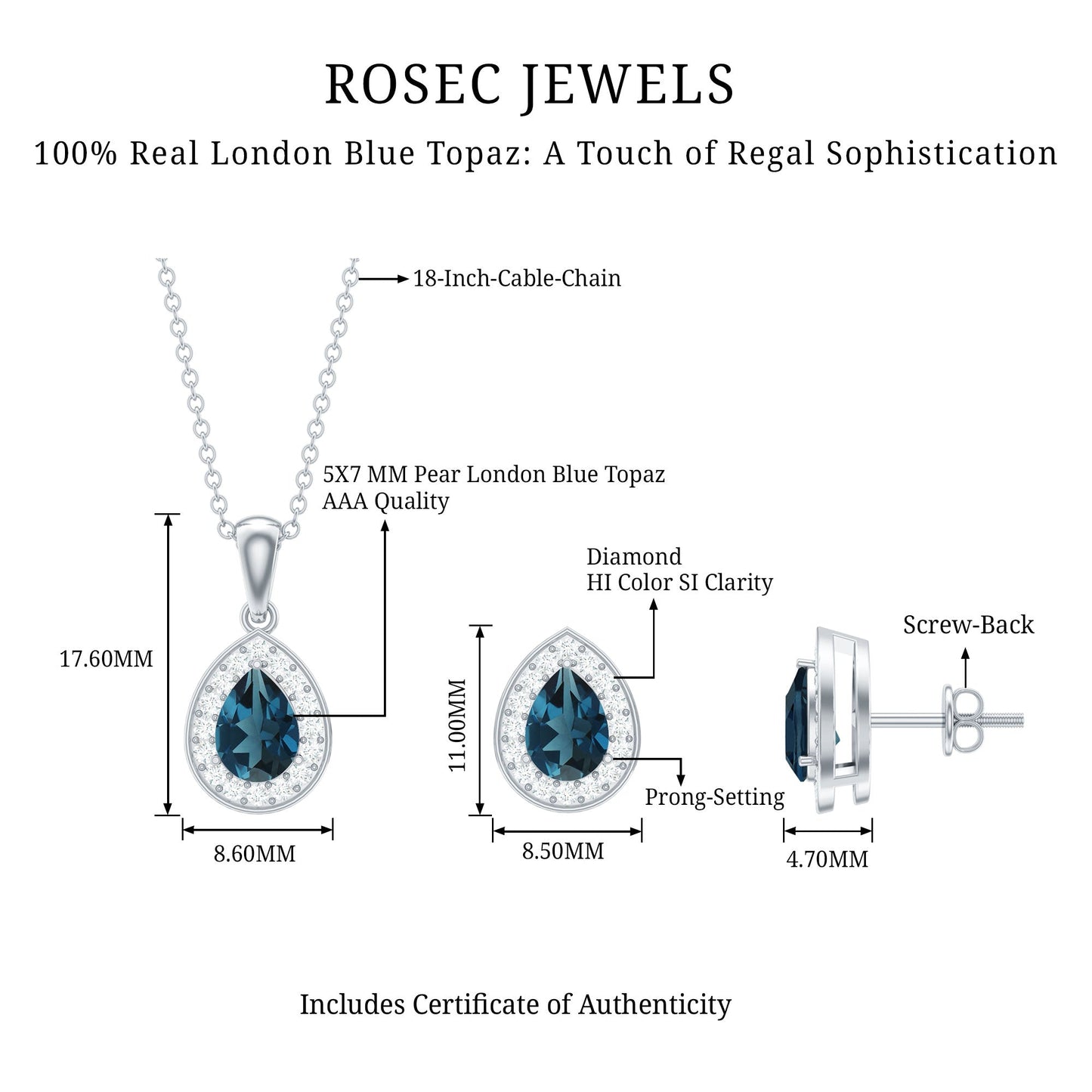 London Blue Topaz Teardrop Pendant and Earrings Set with Diamond Halo