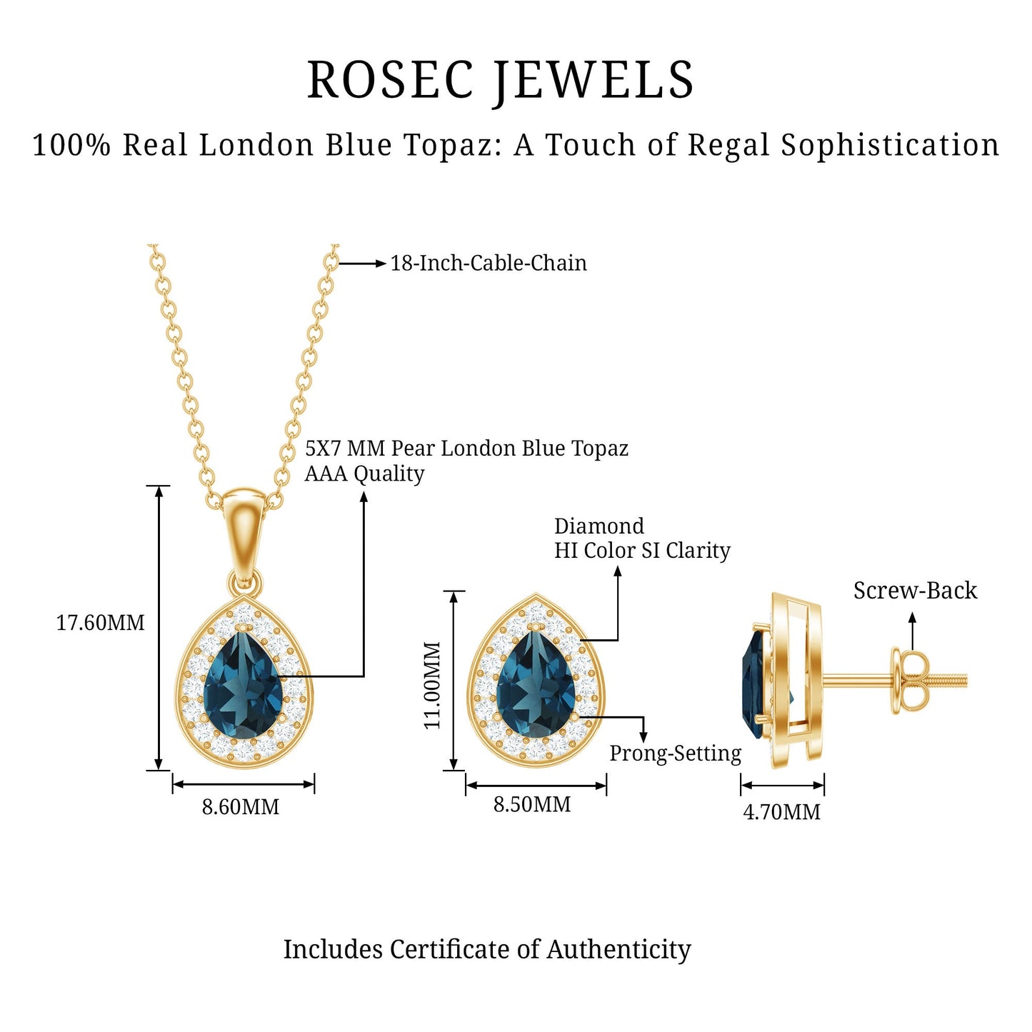 London Blue Topaz Teardrop Pendant and Earrings Set with Diamond Halo