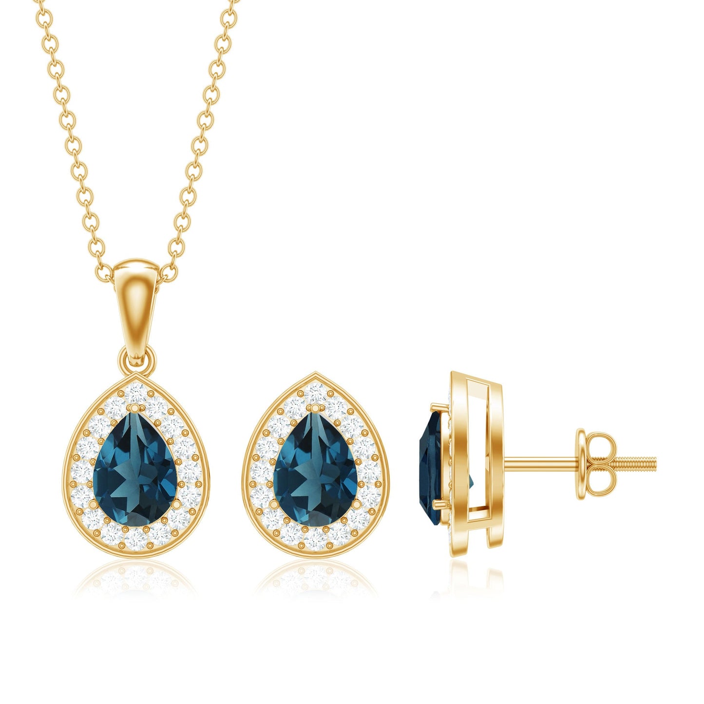London Blue Topaz Teardrop Pendant and Earrings Set with Diamond Halo