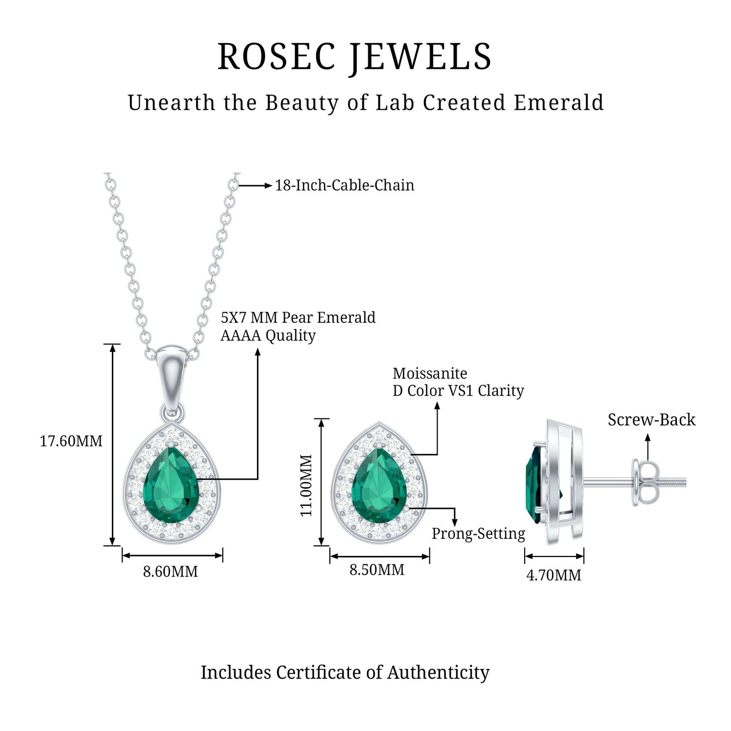 Pear Shaped Lab Created Emerald and Diamond Teardrop Jewelry Set