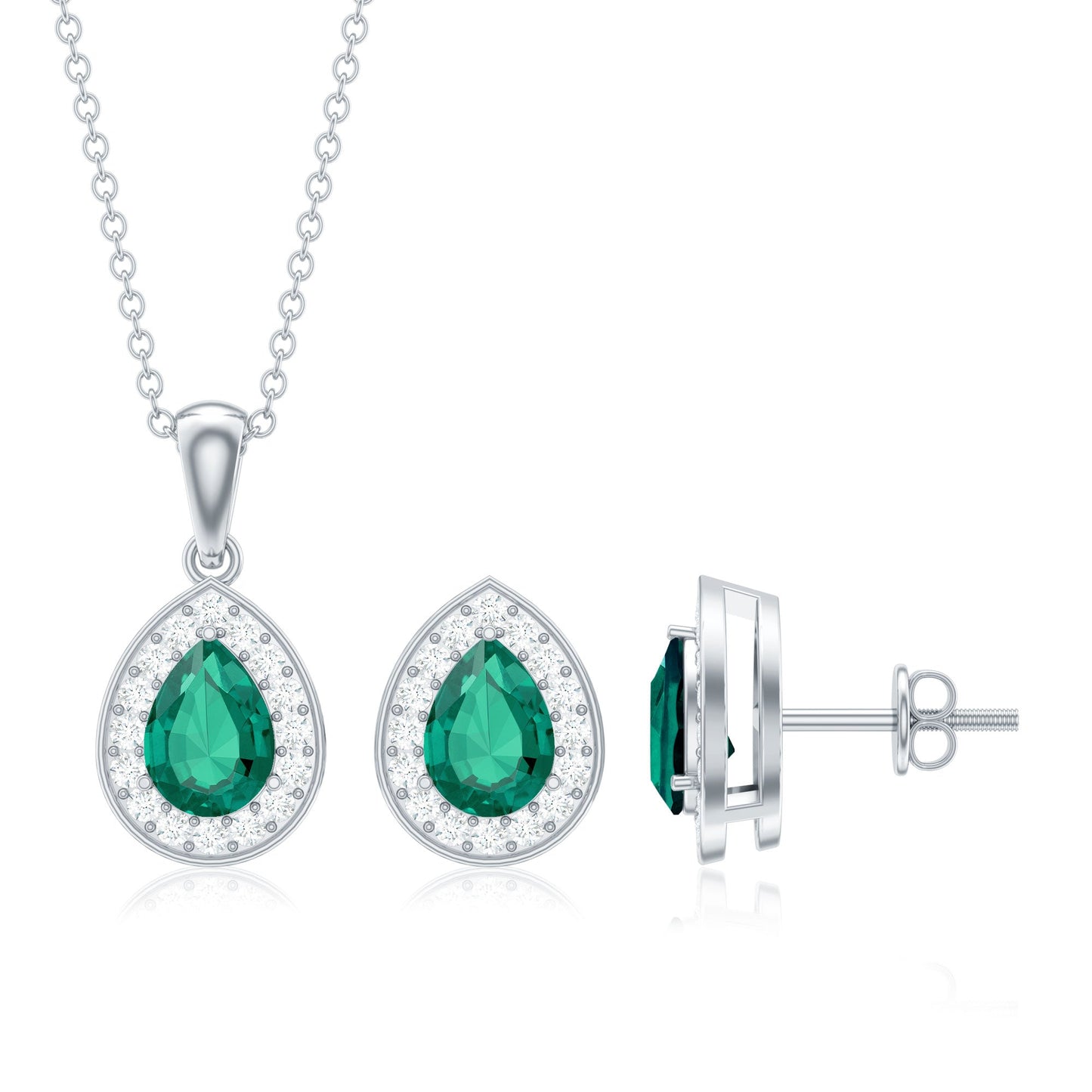 Pear Shaped Lab Created Emerald and Diamond Teardrop Jewelry Set