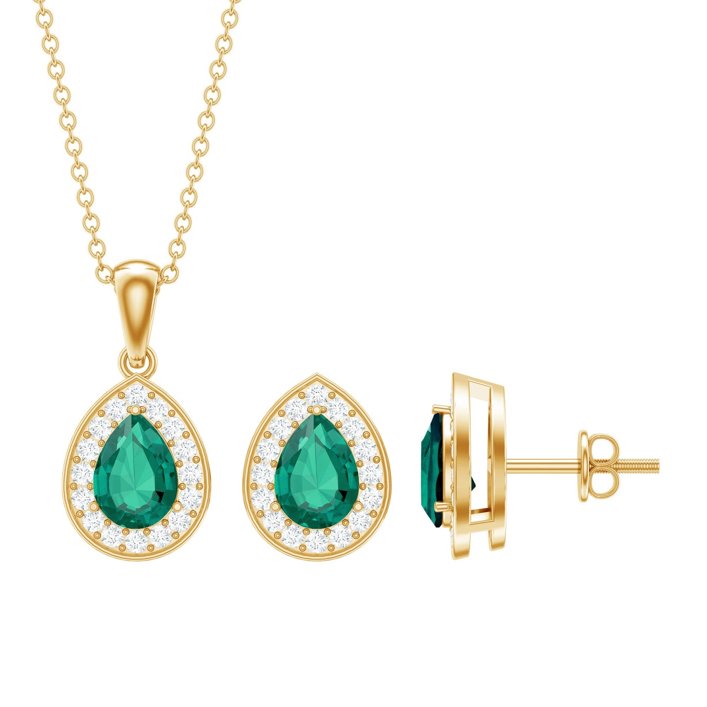 Pear Shaped Lab Created Emerald and Diamond Teardrop Jewelry Set