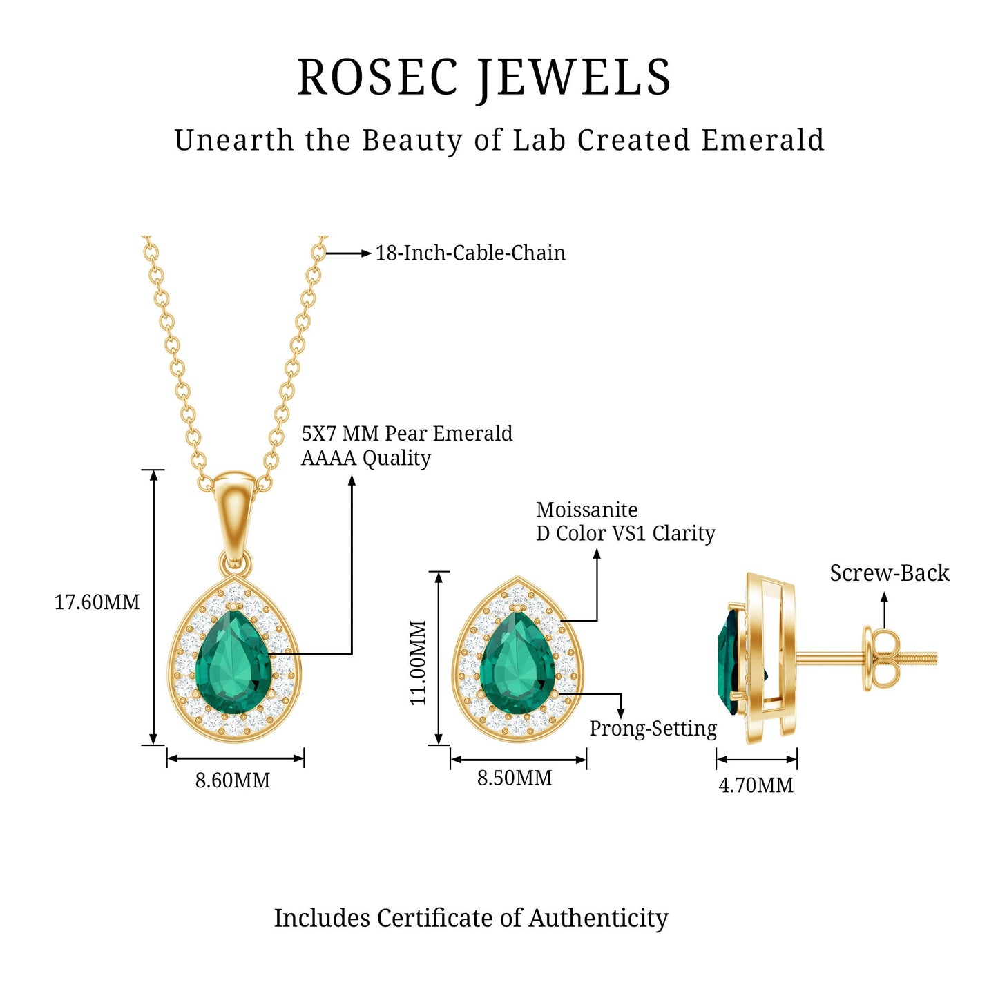 Pear Shaped Lab Created Emerald and Diamond Teardrop Jewelry Set