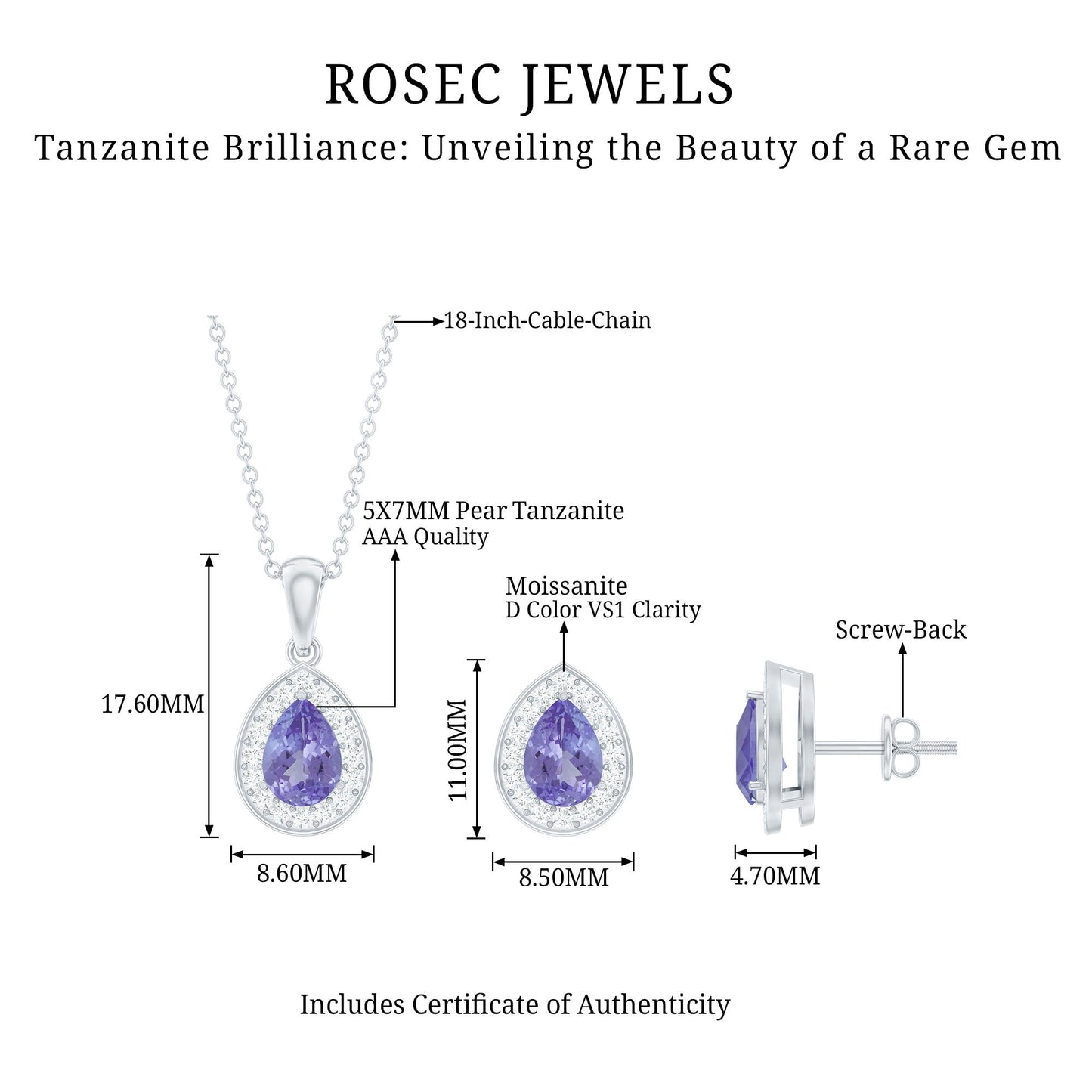 Certified Tanzanite Teardrop Jewelry Set with Moissanite Halo