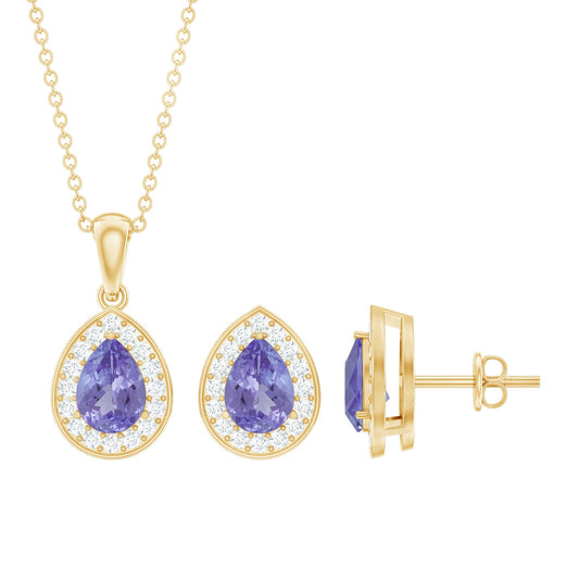 Certified Tanzanite Teardrop Jewelry Set with Moissanite Halo