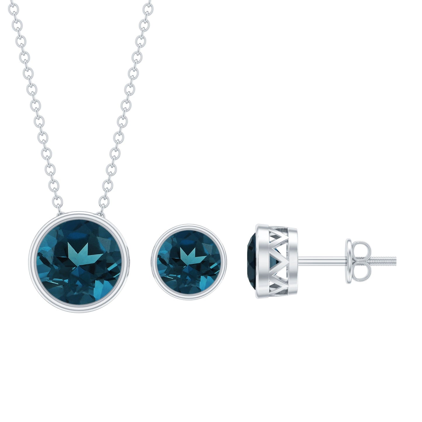 Round London Blue Topaz Solitaire Jewelry Set in Bezel Setting