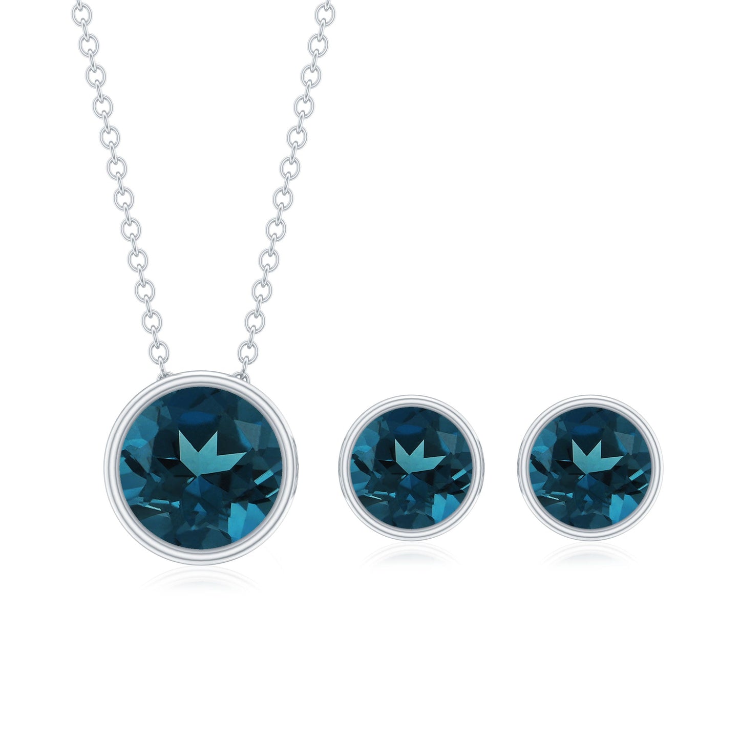 Round London Blue Topaz Solitaire Jewelry Set in Bezel Setting