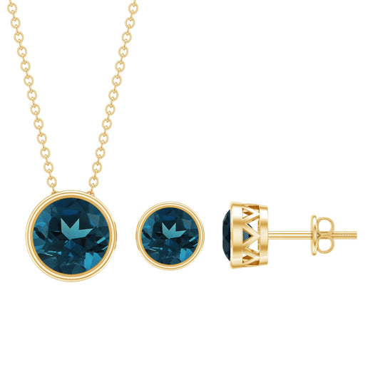 Round London Blue Topaz Solitaire Jewelry Set in Bezel Setting